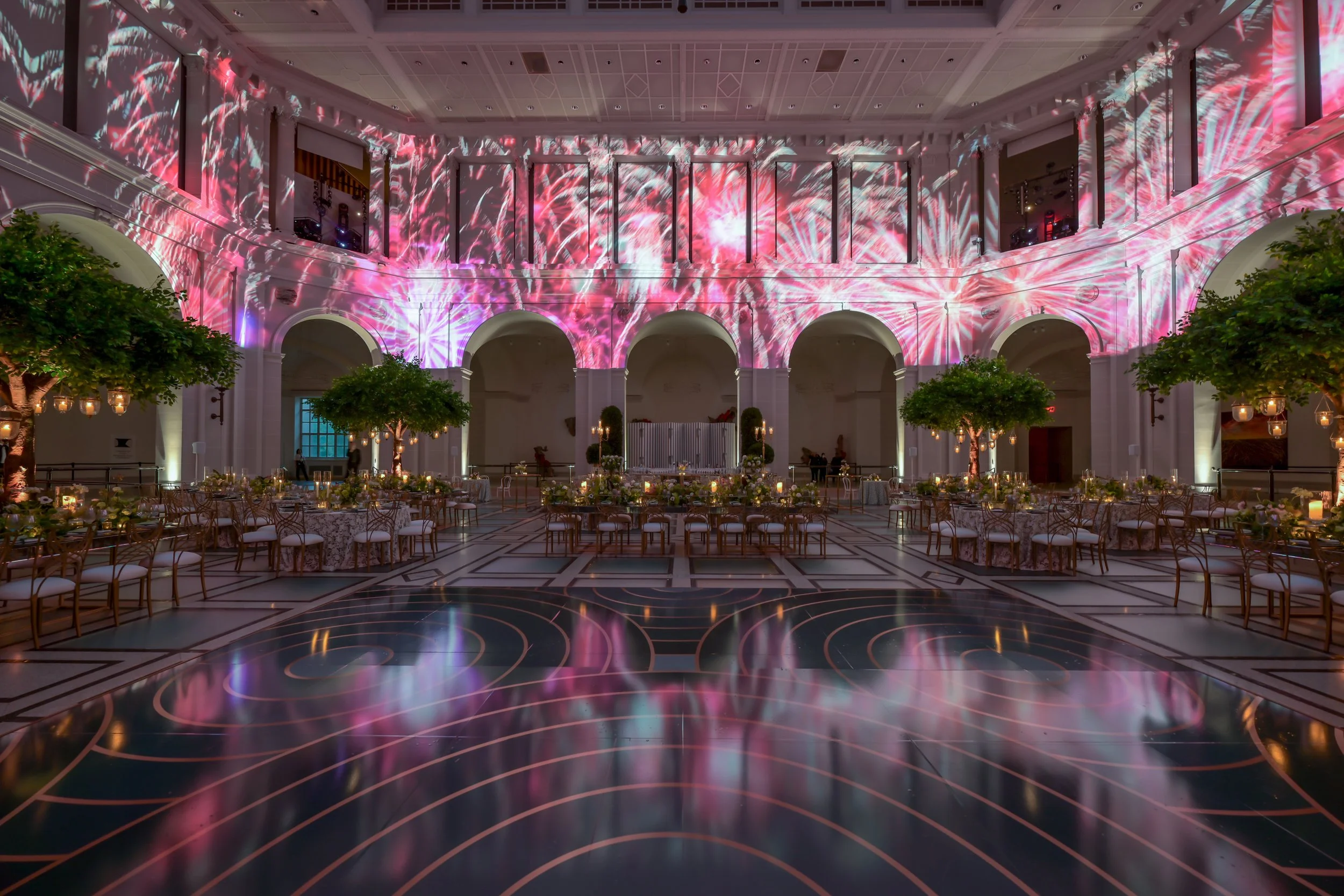 Projection mapped wedding visuals in museum hall